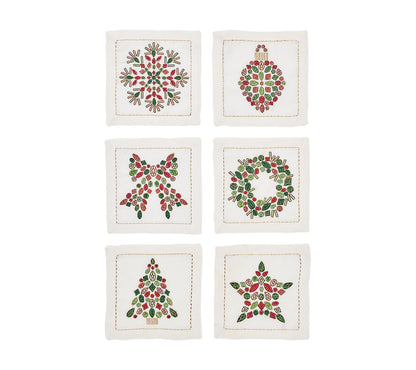 Kim Seybert Cocktail Napkins: Holiday Nostalgia in White, Red & Green, Set of 6