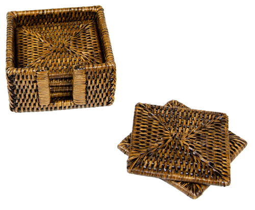 Caspari Square Brown Natural Rattan Coaster Set of Six&nbsp;