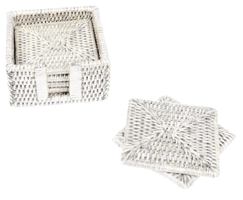 Caspari Cream Rattan Coaster Set of Six with Holder