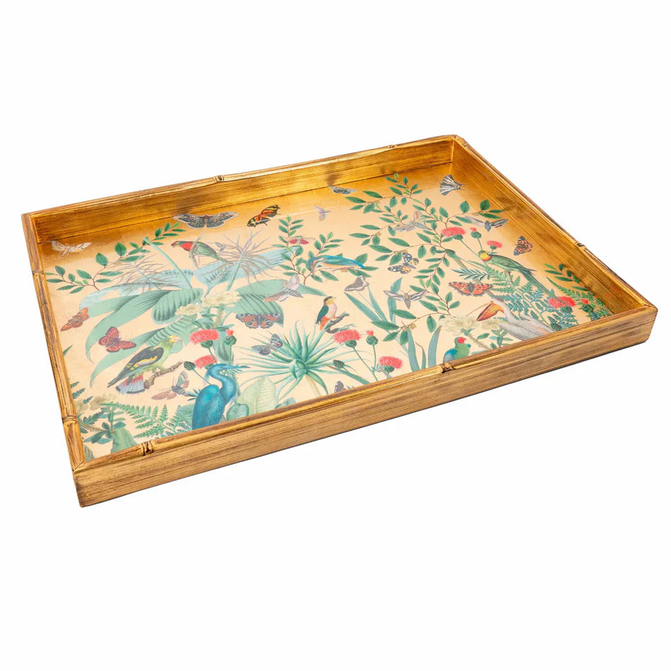 Caspari Tray Golden Aviary Bamboo Edge Large Lacquer Rectangle Tray