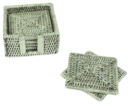 Caspari Green Rattan Coaster Set of Six