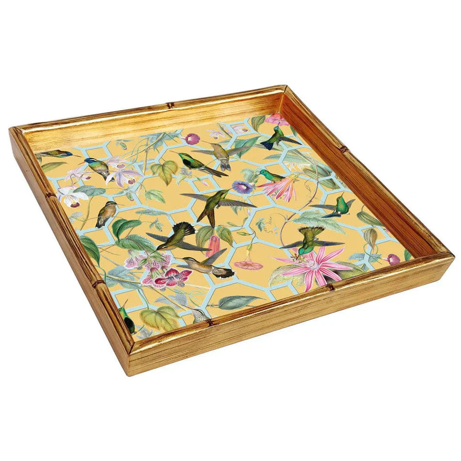 Caspari Bamboo Hummingbird Trellis Gold Bamboo Edge Square Lacquer Tray