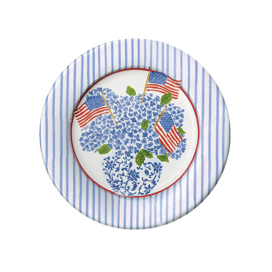 Caspari Salad/Dessert Plates: Flags and Hydrangeas