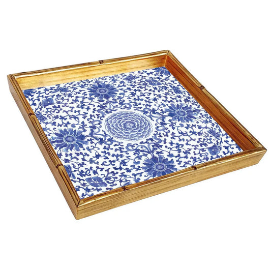 Caspari Indigo Garden Blue/White Bamboo Edge Square Lacquer Tray