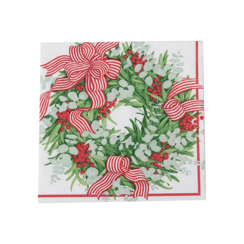 Caspari Cocktail Napkins: Ribbon Stripe Wreath