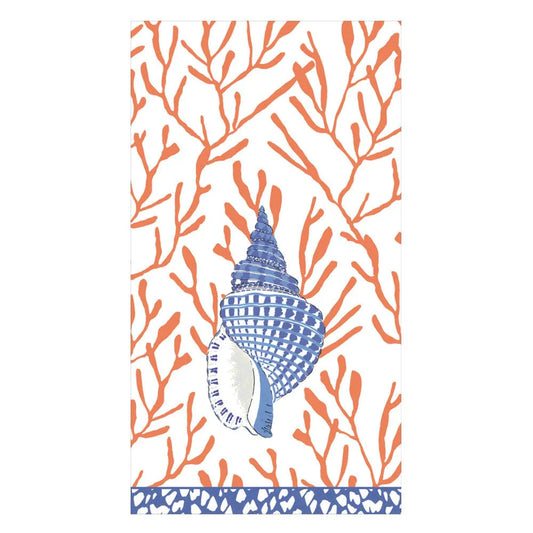 Caspari Shell Toile Coral Blue Guest Towel