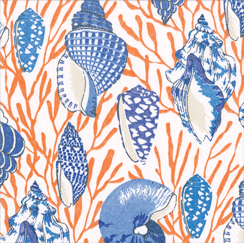 Caspari Shell Toile Coral Blue Luncheon Napkin
