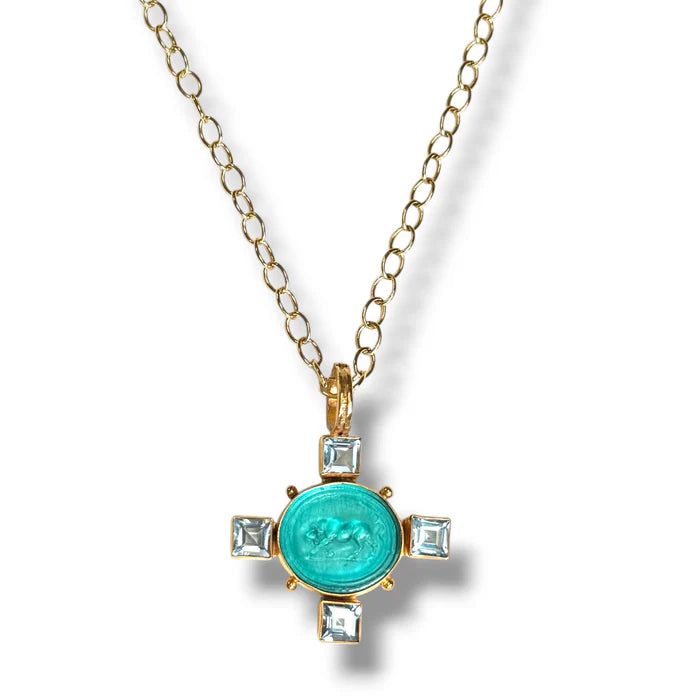 Dina Mackney Bowing Horse intaglio Turqouise Enhancer with Gold Chain Necklace