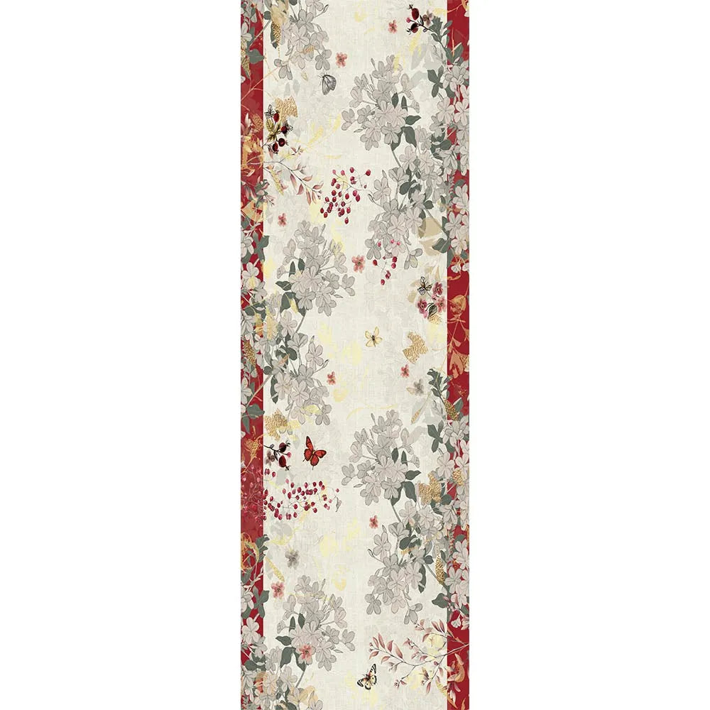 Garnier Thiebaut Vintage Flowers Cranberry Tablerunner, Cotton-Linen Blend