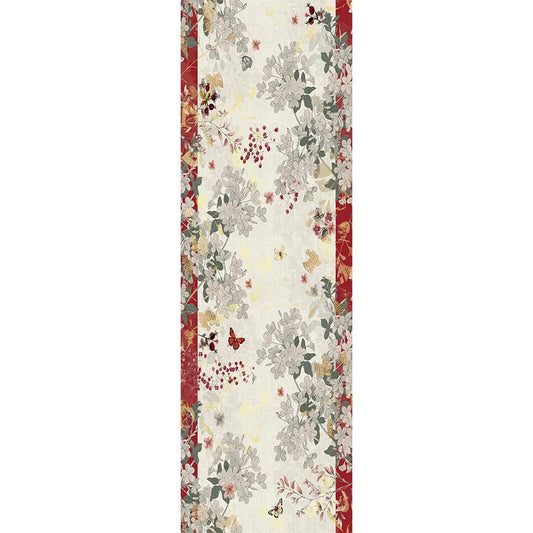 Garnier Thiebaut Vintage Flowers Cranberry Tablerunner, Cotton-Linen Blend