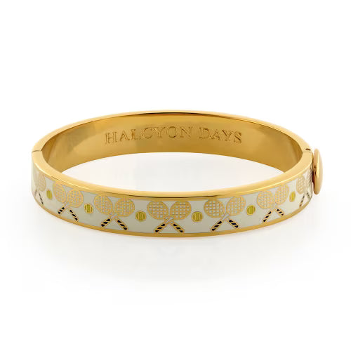 Halcyon Days Tennis Cream Hinged Bangle, Cream & Gold