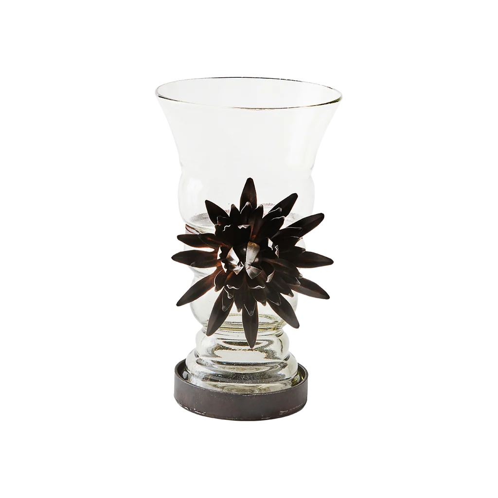 Jan Barboglio Florero ribbed glass vase w/ large iron sunflower