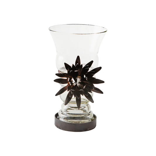 Jan Barboglio Florero ribbed glass vase w/ large iron sunflower