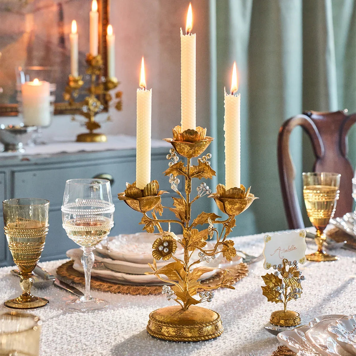 Juliska Forest Walk Holly 13" Centerpiece Candelabra - Gold/Silver