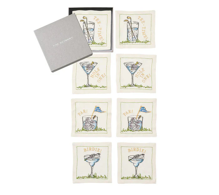 Kim Seybert Tee Time Cocktail Napkins in White & Multi, Set of 8 in a Gift Box