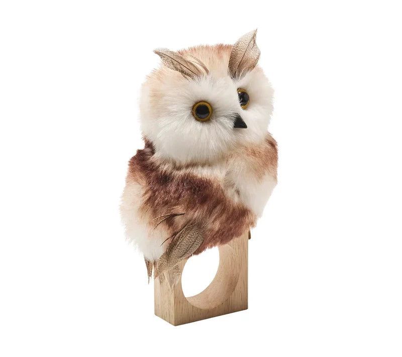 Kim Seybert Owl Napkin Ring in White & Brown, Set of 4