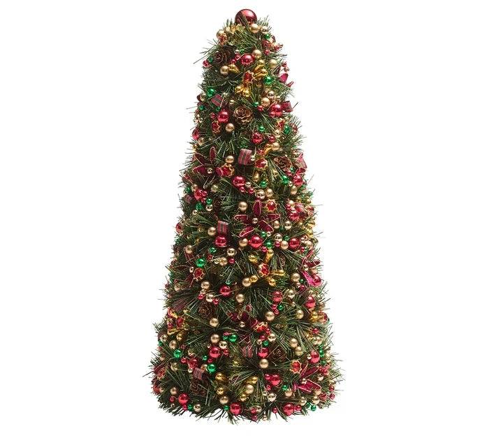 Kim Seybert 17" Tinsel Xmas Tree in Green, Red & Gold, 17"