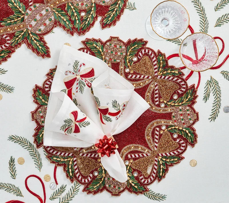 Kim Seybert Candy Cane Bow Placemat in Red, Green & Gold, Set of 2