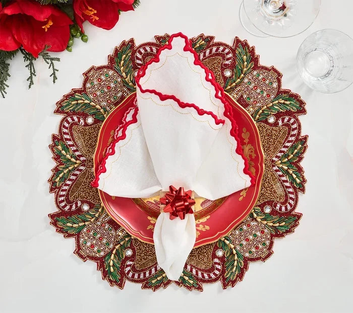 Kim Seybert Red & Gold Holiday Bow Napkin Ring Set of 4 in a Gift Box