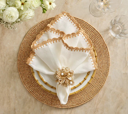 Kim Seybert Bramble Napkin Ring in Ivory, Natural & Gold Set of 4