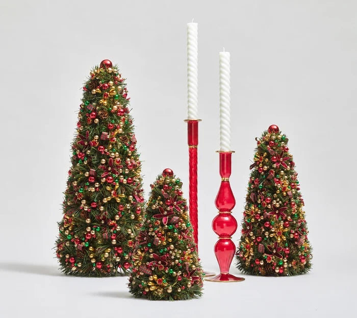 Kim Seybert 17" Tinsel Xmas Tree in Green, Red & Gold, 17"
