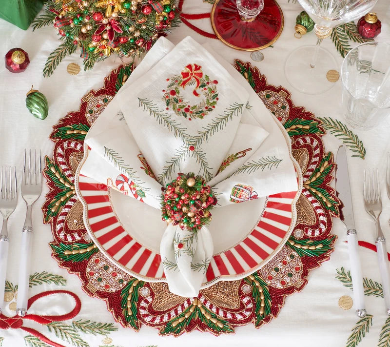 Kim Seybert Tinsel Tree Napkin Ring in Red, Green & Gold Set of 4