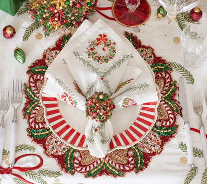 Kim Seybert Tinsel Tree Napkin Ring in Red, Green & Gold Set of 4