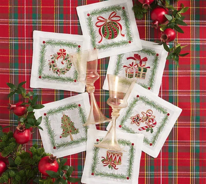 Kim Seybert Xmas Trellis Cocktail Napkins in White & Multi, Set of 6 in a Gift Box