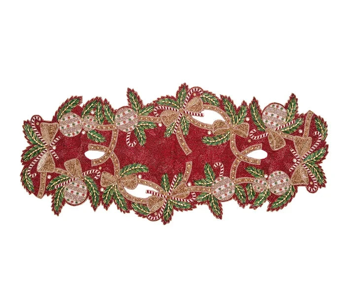 Kim Seybert Candy Cane Bow Runner in Red, Green & Gold