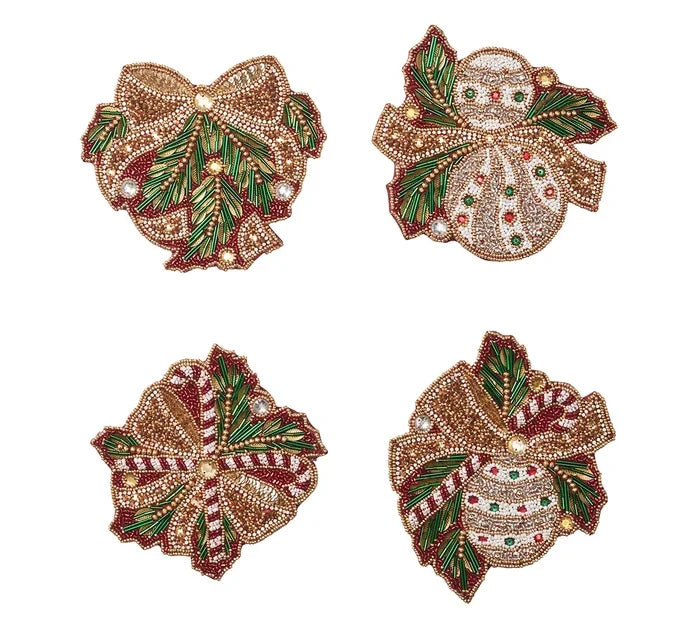 Kim Seybert Coasters Candy Cane Bow Drink Coasters in Red, Green & Gold, Set of 4 in a Gift Bag