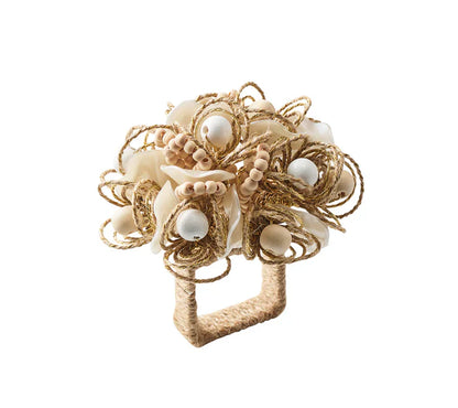 Kim Seybert Bramble Napkin Ring in Ivory, Natural & Gold Set of 4