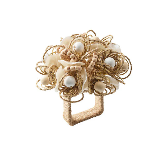 Kim Seybert Bramble Napkin Ring in Ivory, Natural & Gold Set of 4