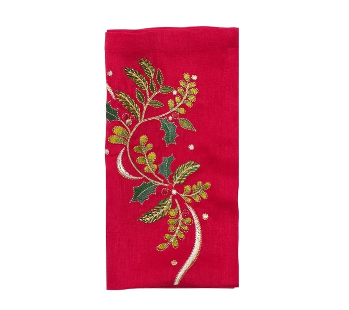 Kim Seybert Holly Ribbon Napkin in Red, Green & Gold