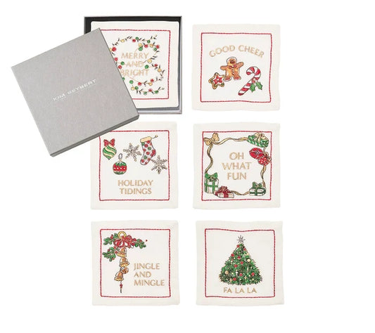Kim Seybert Merry and Bright Cocktail Napkin in White, Red & Green, Set of 6 in a Gift Box