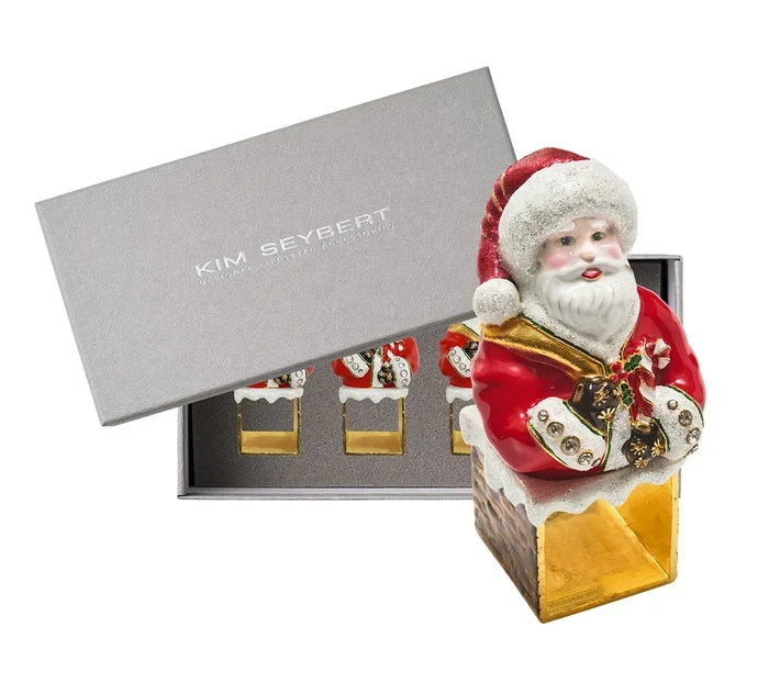 Kim Seybert Santa Napkin Ring in Red & White, Set of 4 in a Gift Box