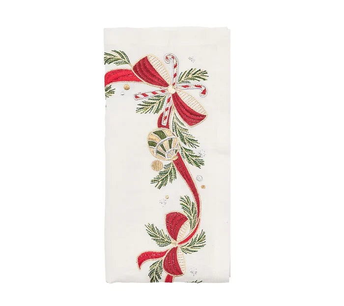 Kim Seybert Tinsel Bow Napkin in White, Red & Green