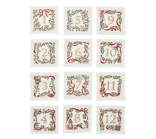 Kim Seybert Cocktail Napkins: Xmas Carol in White, Red & Green, Set of 12