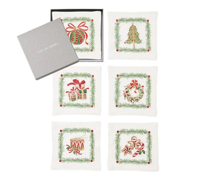 Kim Seybert Xmas Trellis Cocktail Napkins in White & Multi, Set of 6 in a Gift Box