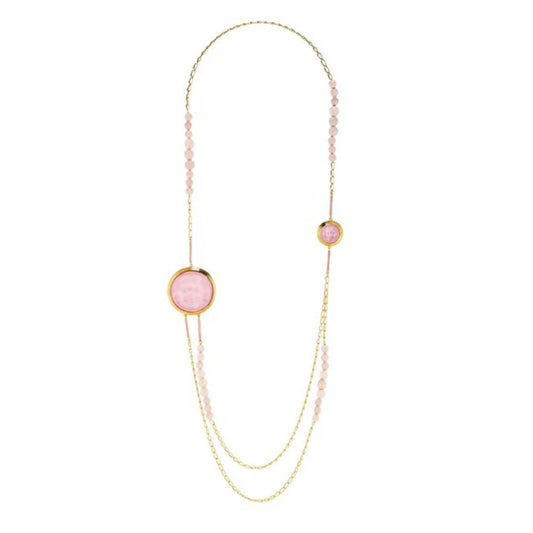 Lalique Pink Aréthuse Round Long Necklace Gold 18K Plated Double Chain