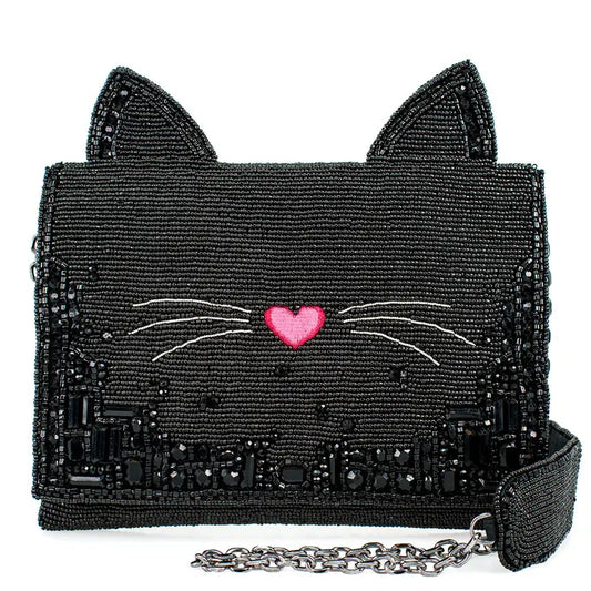 Mary Frances Kitty Couture Black and Pink Beaded Cat Crossbody Handbag