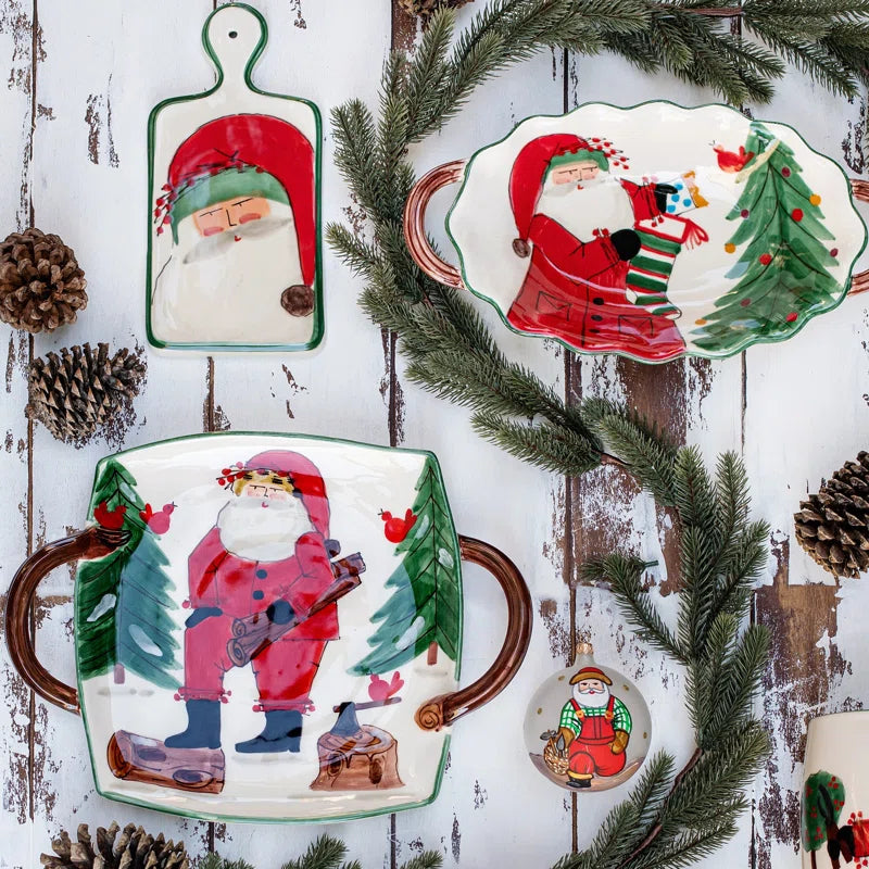 Vietri Old St. Nick Handled Square Platter w/Logs