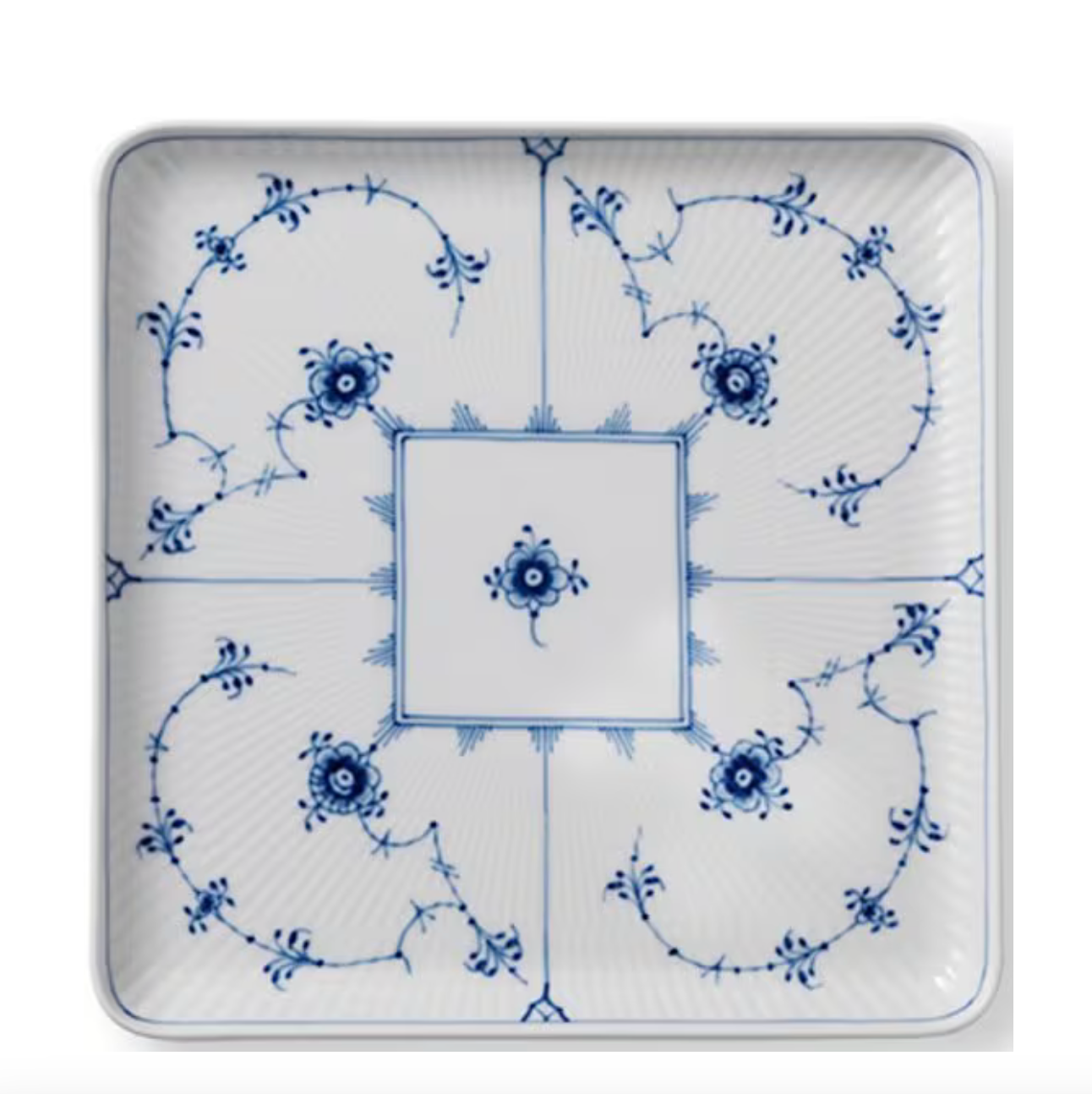 Royal Copenhagen Blue Fluted Plain Floral Motif Pattern Porcelain Large Square Plate