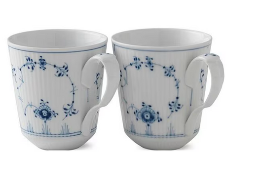 Royal Copenhagen Blue Fluted Floral Pattern Porcelain Plain Mugs, Set of 2