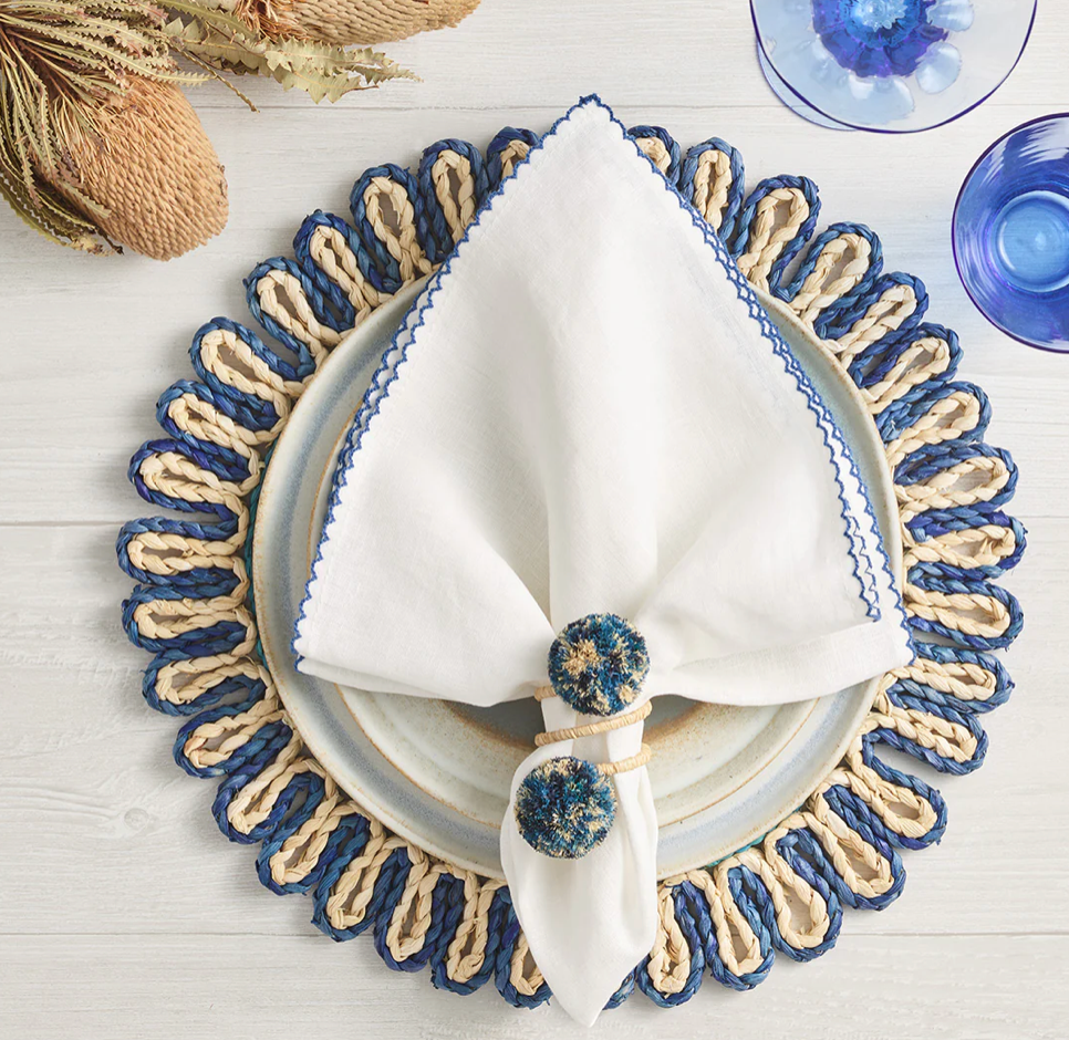 Kim Seybert Napkin Rings: Casbah in Natural & Blue, Set of 4
