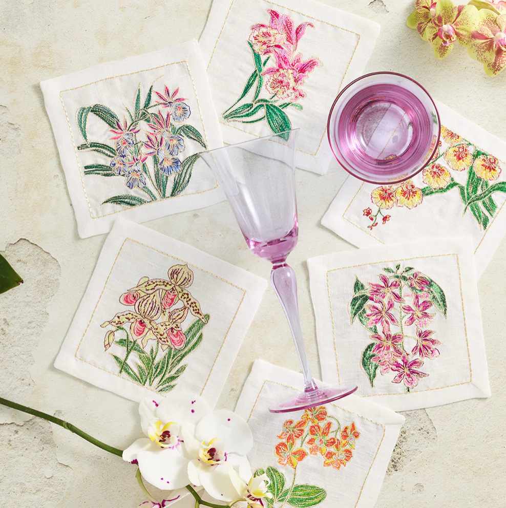 KIM SEYBERT  Orchid Cocktail Napkins in White & Multi, Set of 6 in a Gift Box