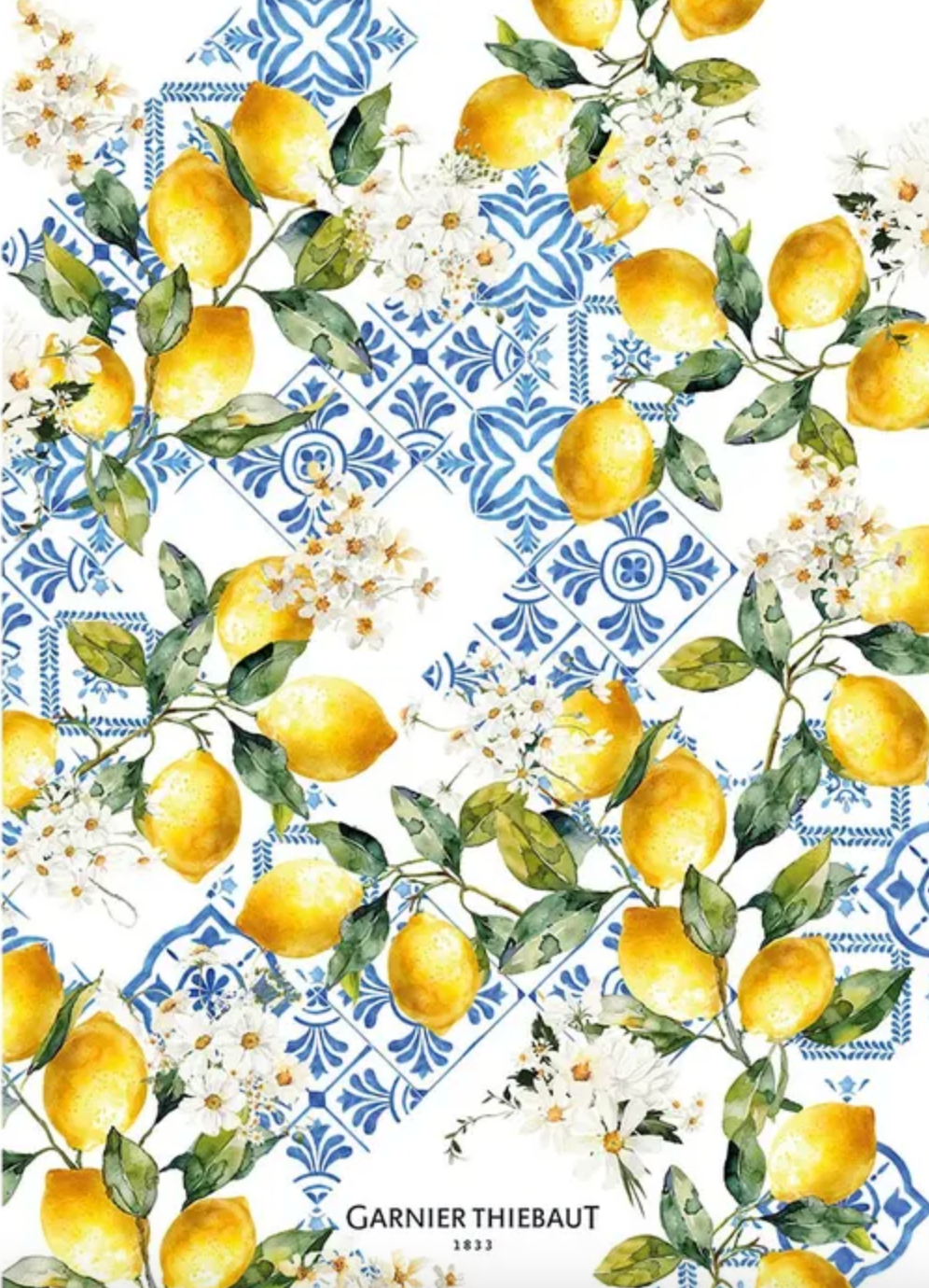 Garnier Thiebaut Citrons Azulejos Bleu Kitchen Towel, Cotton-Linen Blend