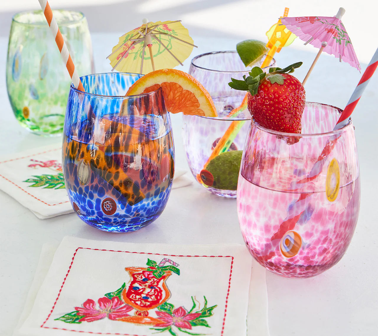 Kim Seybert Cocktail Napkins: Tropicana in White & Multi, Set of 6