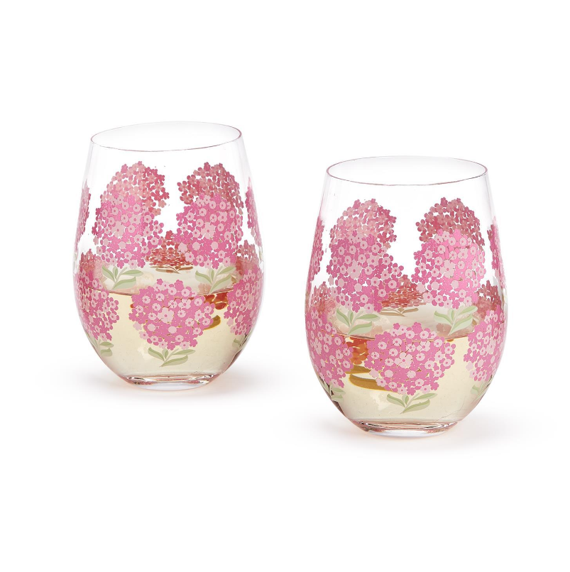 Two's Company Stemless Wine Glass - Pink Hydrangea