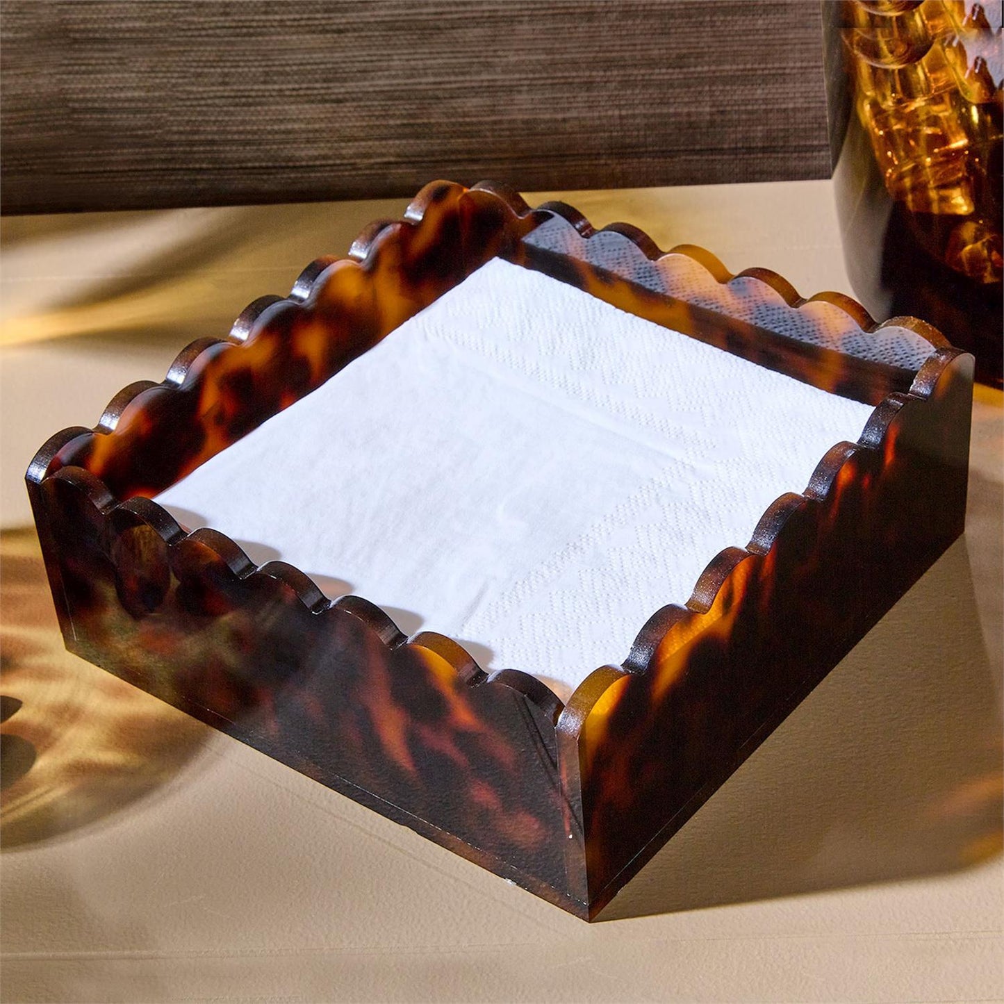 Two's Company Tortoise Cocktail Napkin Holder Scalloped Edge Acrylic