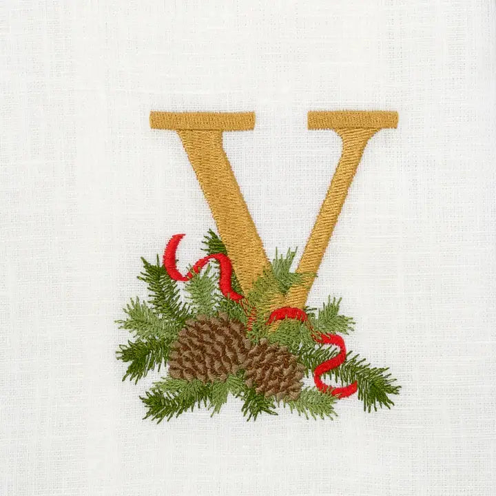 Arte Italica Initial V Winter Pine Monogram Linen Towel
